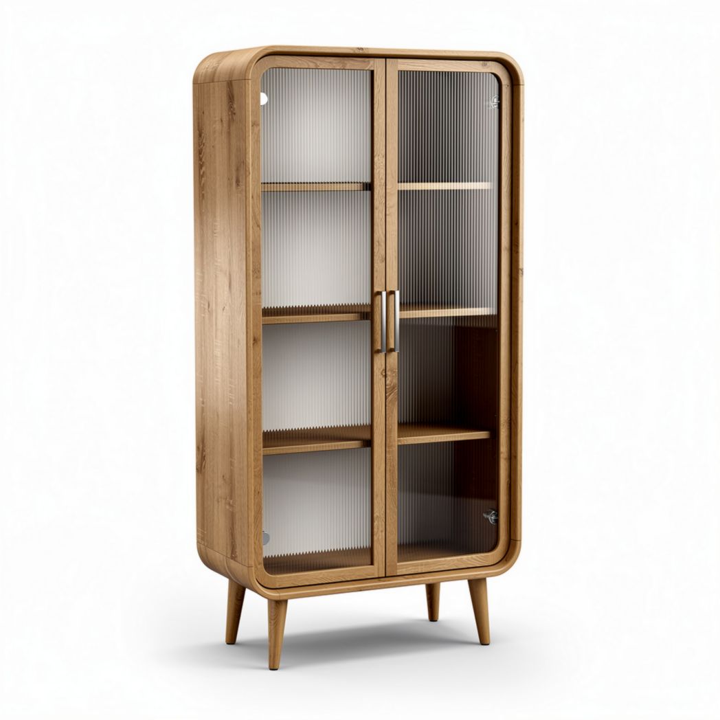 Glass door cabinet with bamboo frame and five shelves 90 x 45 x 150cm