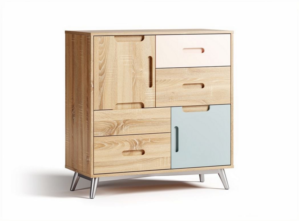 Wooden storage cabinet with colorful drawers in light oak finish 80 x 40 x 90cm
