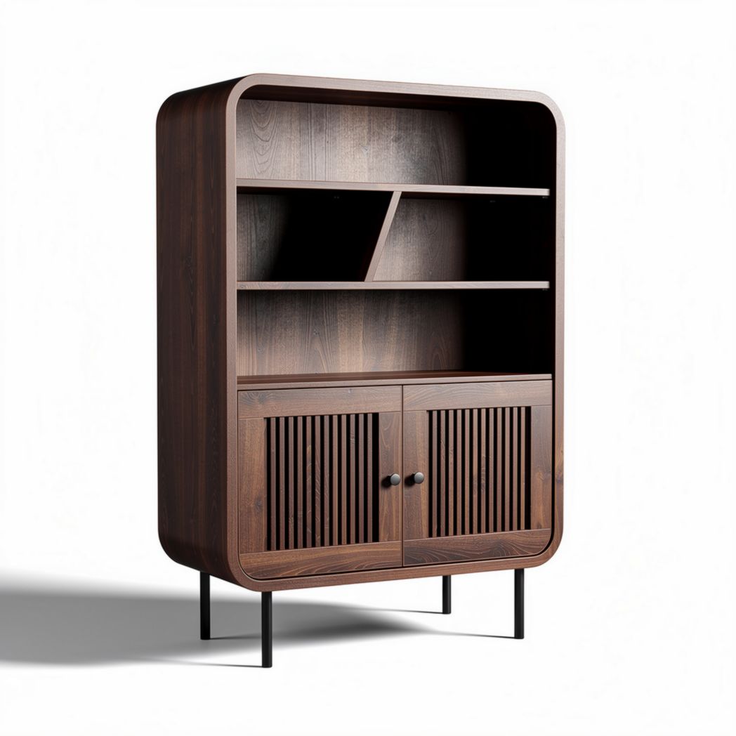 Wooden bookshelf with two cabinet doors and open shelving 90 x 30 x 120cm