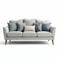 Light gray upholstered sofa with mixed fabric cushions 200 x 90 x 85cm