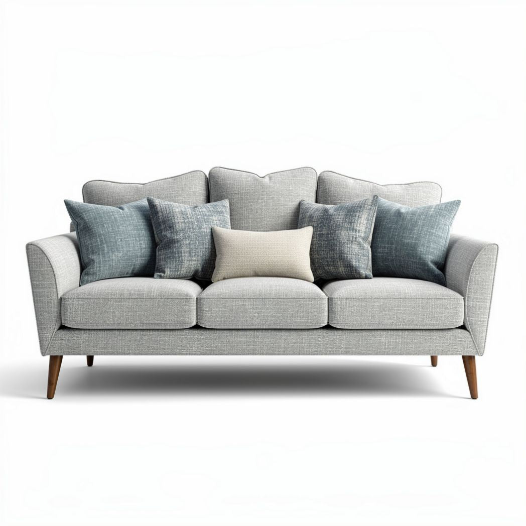 Light gray upholstered sofa with mixed fabric cushions 200 x 90 x 85cm