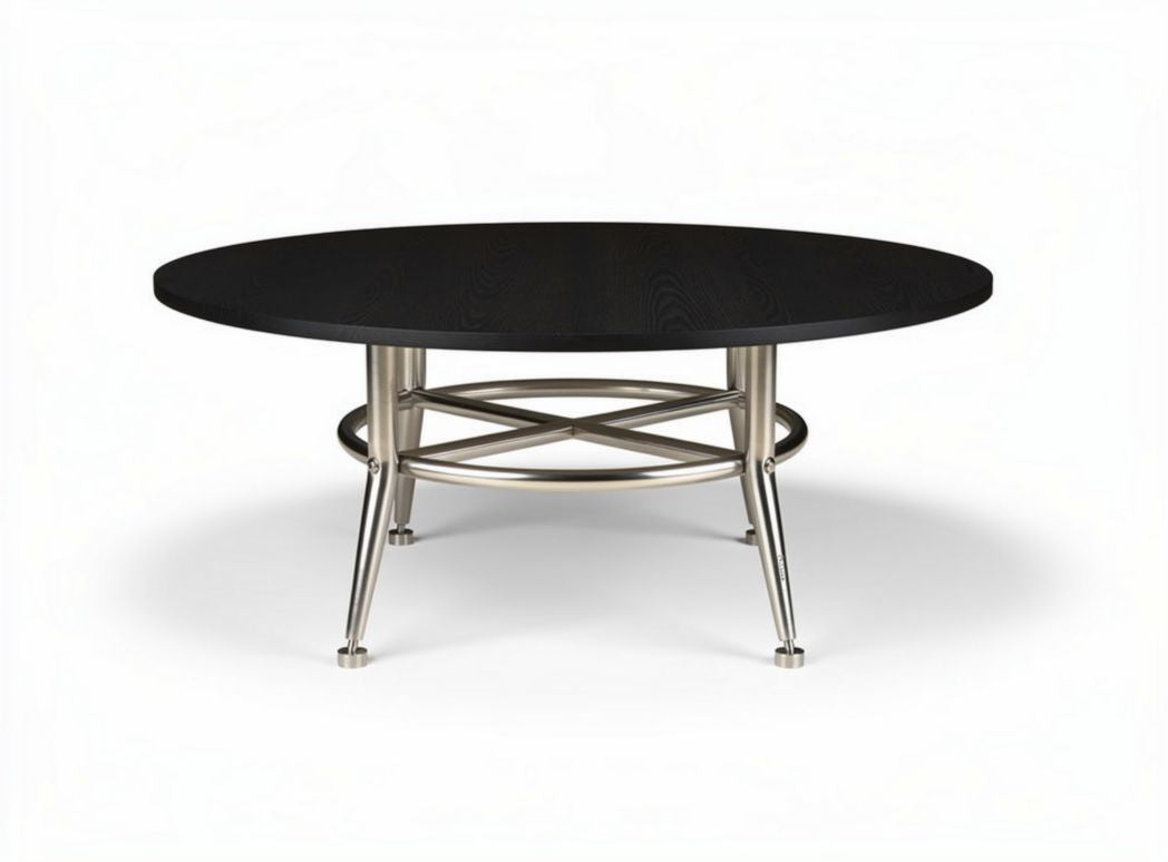 Round coffee table with black wood top and metal base 120 x 60 x 45cm