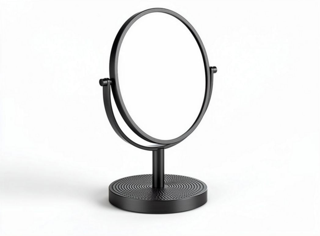 Black circular tabletop mirror with adjustable stand 15 x 10 x 25cm