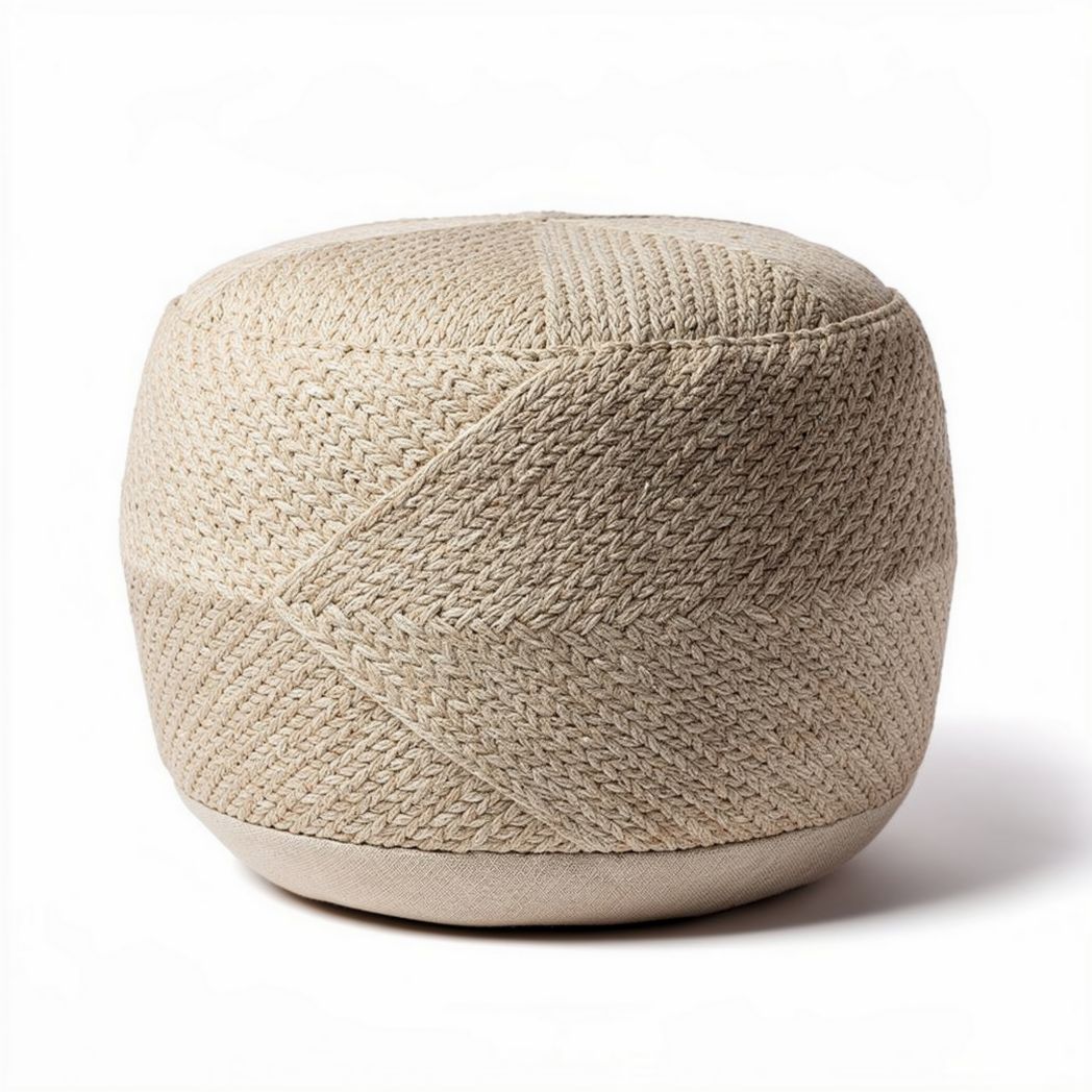 Woven cotton pouf for living room decor in natural color 30 x 30 x 30cm