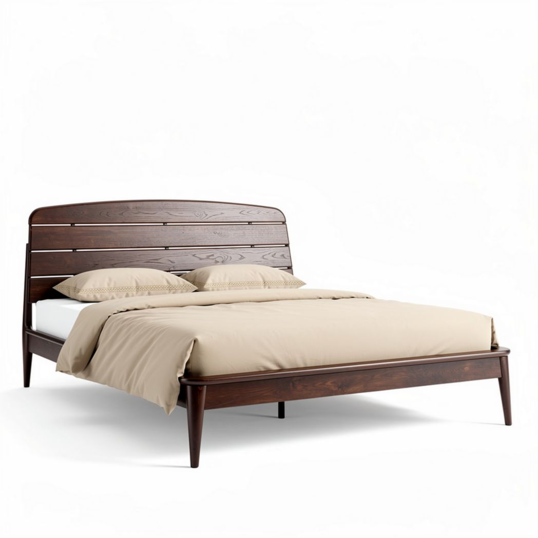 Wooden platform bed with slatted headboard in walnut finish 200 x 160 x 100cm